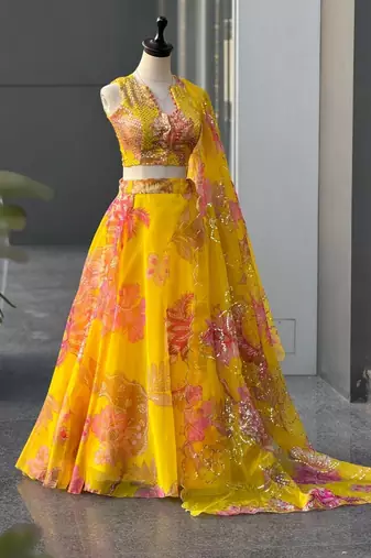 Yellow Digital Printed Organza Lehenga Choli Set with Embroidered Sequins Work, Organza Dupatta & Designer Batwa Bag
