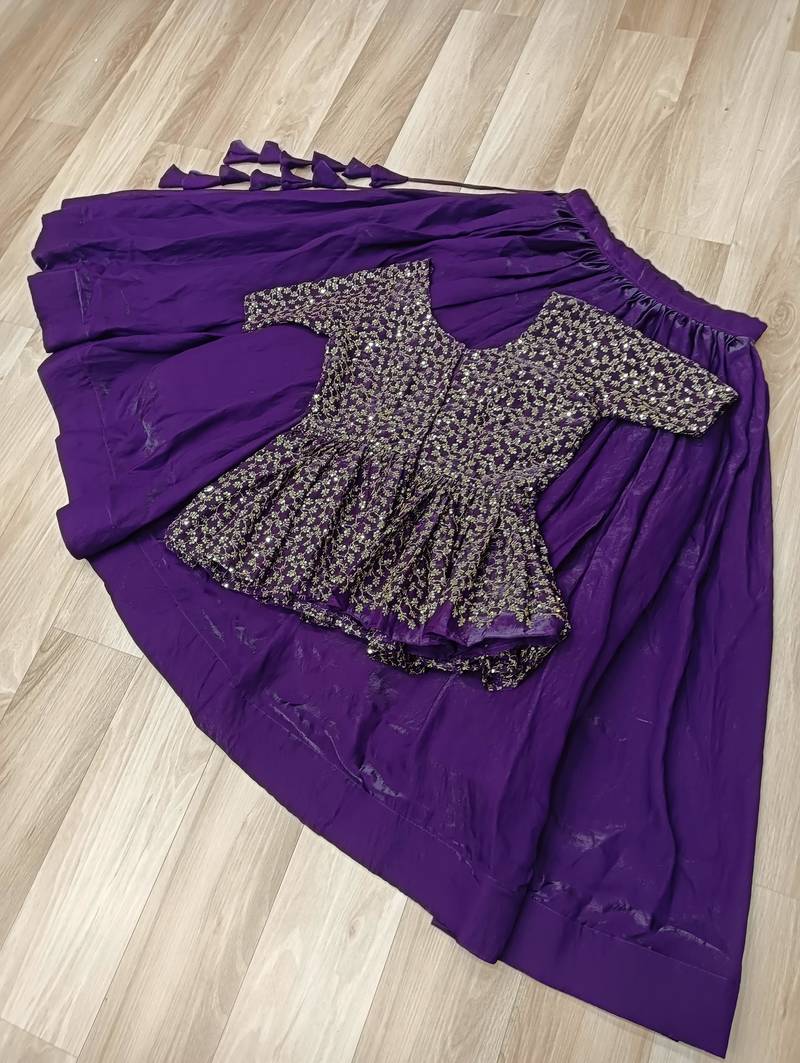 Violet silk blend Free Size Stitched Lehenga Choli with Embroidered & Sequins Work
