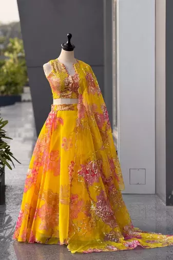 Yellow Digital Printed Organza Lehenga Choli Set with Embroidered Sequins Work, Organza Dupatta & Designer Batwa Bag