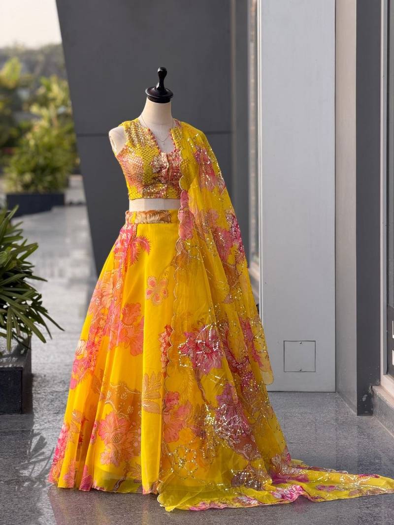Yellow Digital Printed Organza Lehenga Choli Set with Embroidered Sequins Work, Organza Dupatta & Designer Batwa Bag