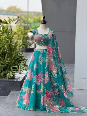 Teal Blue Digital Printed Organza Lehenga Choli Set with Embroidered Sequins Work, Organza Dupatta & Batwa Bag 1