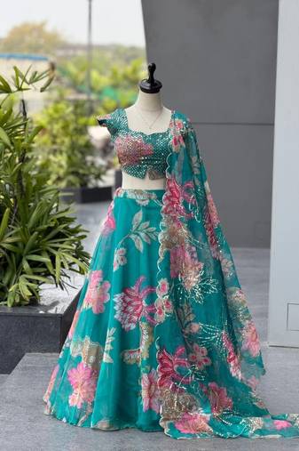 Teal Blue Digital Printed Organza Lehenga Choli Set with Embroidered Sequins Work, Organza Dupatta & Batwa Bag