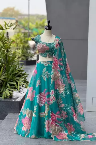 Teal Blue Digital Printed Organza Lehenga Choli Set with Embroidered Sequins Work, Organza Dupatta & Batwa Bag