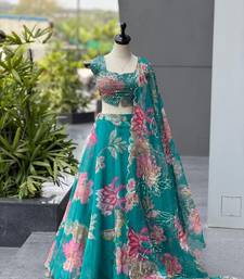 Teal Blue Digital Printed Organza Lehenga Choli Set with Embroidered Sequins Work, Organza Dupatta & Batwa Bag