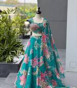 Teal Blue Digital Printed Organza Lehenga Choli Set with Embroidered Sequins Work, Organza Dupatta & Batwa Bag