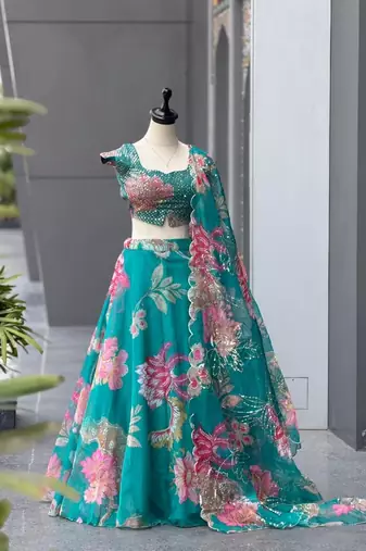 Teal Blue Digital Printed Organza Lehenga Choli Set with Embroidered Sequins Work, Organza Dupatta & Batwa Bag