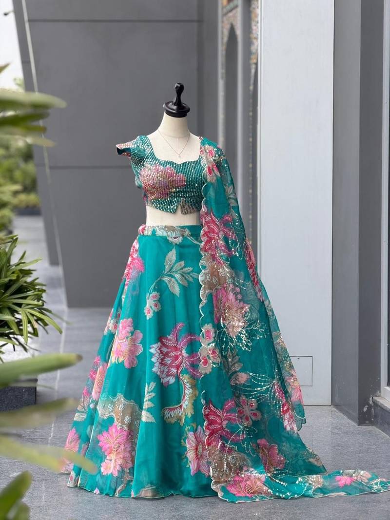 Teal Blue Digital Printed Organza Lehenga Choli Set with Embroidered Sequins Work, Organza Dupatta & Batwa Bag