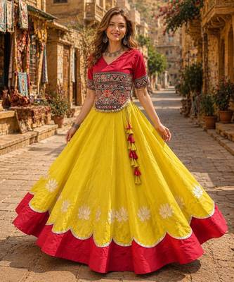 Yellow-Red Silk Free Size Stitched Navratri Lehenga Choli with Kutchi Gamthi Embroidered Work & Codi lace 1