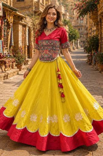 Yellow-Red Silk Free Size Stitched Navratri Lehenga Choli with Kutchi Gamthi Embroidered Work & Codi lace