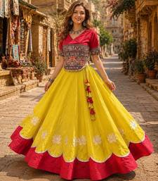 Yellow-Red Silk Free Size Stitched Navratri Lehenga Choli with Kutchi Gamthi Embroidered Work & Codi lace