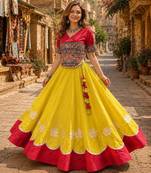 Yellow-Red Silk Free Size Stitched Navratri Lehenga Choli with Kutchi Gamthi Embroidered Work & Codi lace