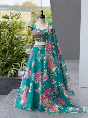 Teal Blue Digital Printed Organza Lehenga Choli Set with Embroidered Sequins Work, Organza Dupatta & Batwa Bag 3