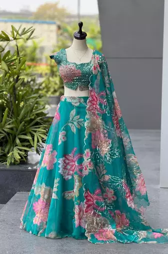 Teal Blue Digital Printed Organza Lehenga Choli Set with Embroidered Sequins Work, Organza Dupatta & Batwa Bag