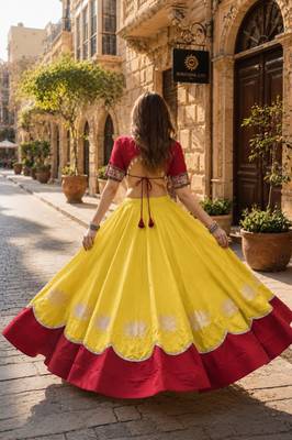 Yellow-Red Silk Free Size Stitched Navratri Lehenga Choli with Kutchi Gamthi Embroidered Work & Codi lace 2