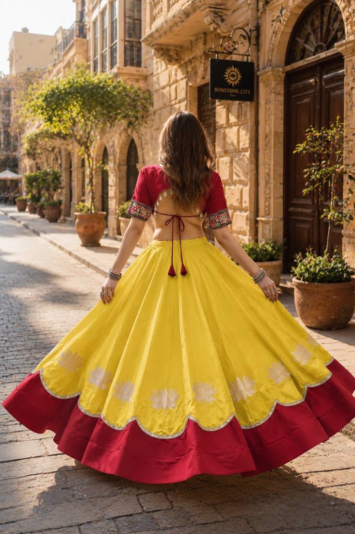 Yellow-Red Silk Free Size Stitched Navratri Lehenga Choli with Kutchi Gamthi Embroidered Work & Codi lace
