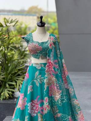 Teal Blue Digital Printed Organza Lehenga Choli Set with Embroidered Sequins Work, Organza Dupatta & Batwa Bag 4