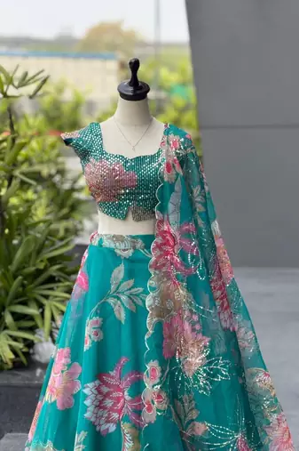 Teal Blue Digital Printed Organza Lehenga Choli Set with Embroidered Sequins Work, Organza Dupatta & Batwa Bag