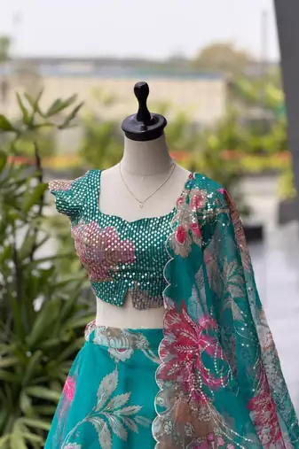 Teal Blue Digital Printed Organza Lehenga Choli Set with Embroidered Sequins Work, Organza Dupatta & Batwa Bag