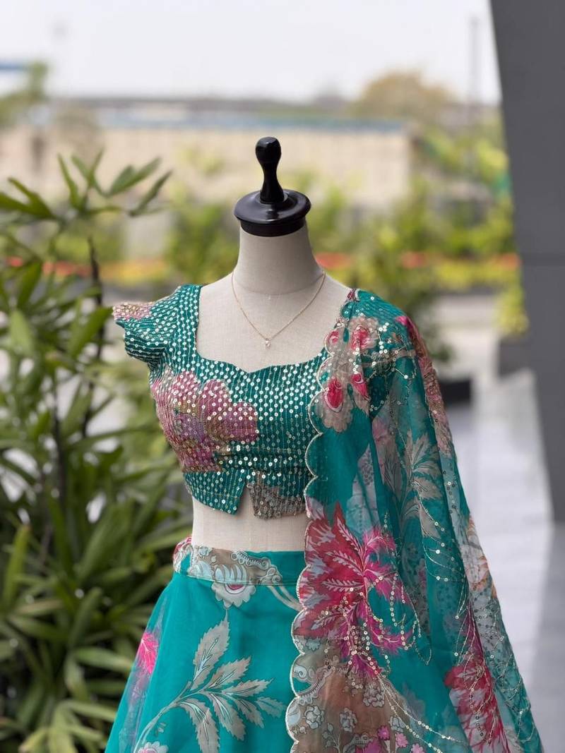 Teal Blue Digital Printed Organza Lehenga Choli Set with Embroidered Sequins Work, Organza Dupatta & Batwa Bag