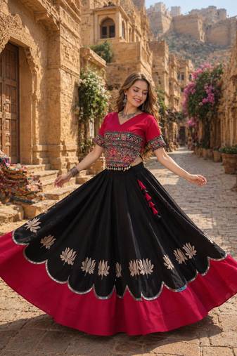 Black-Rani silk blend Free Size Stitched Navratri Lehenga Choli with Kutchi Gamthi Embroidered Work & Codi lace