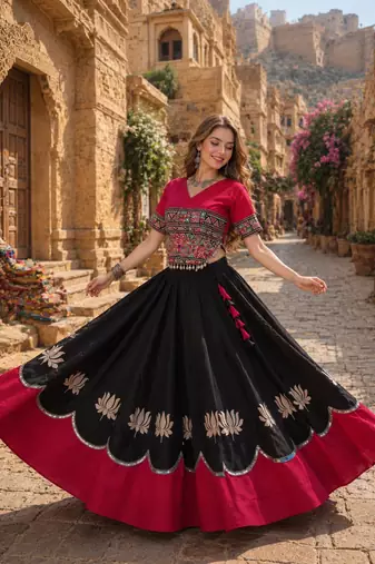 Black-Rani silk blend Free Size Stitched Navratri Lehenga Choli with Kutchi Gamthi Embroidered Work & Codi lace