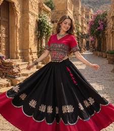 Black-Rani silk blend Free Size Stitched Navratri Lehenga Choli with Kutchi Gamthi Embroidered Work & Codi lace