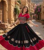 Black-Rani silk blend Free Size Stitched Navratri Lehenga Choli with Kutchi Gamthi Embroidered Work & Codi lace