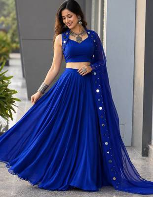 Royal Blue Cotton Chaniya Choli For Navratri Set with Mirror Work and Georgette Dupatta 1