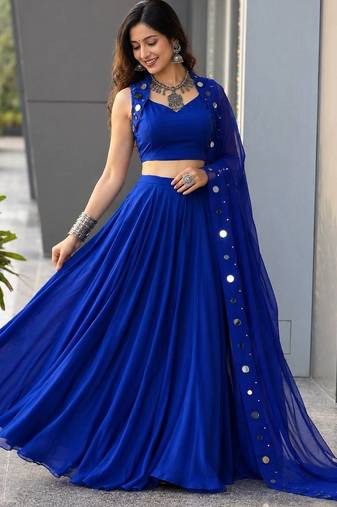 Royal Blue Cotton Chaniya Choli For Navratri Set with Mirror Work and Georgette Dupatta