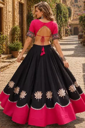 Black-Rani silk blend Free Size Stitched Navratri Lehenga Choli with Kutchi Gamthi Embroidered Work & Codi lace