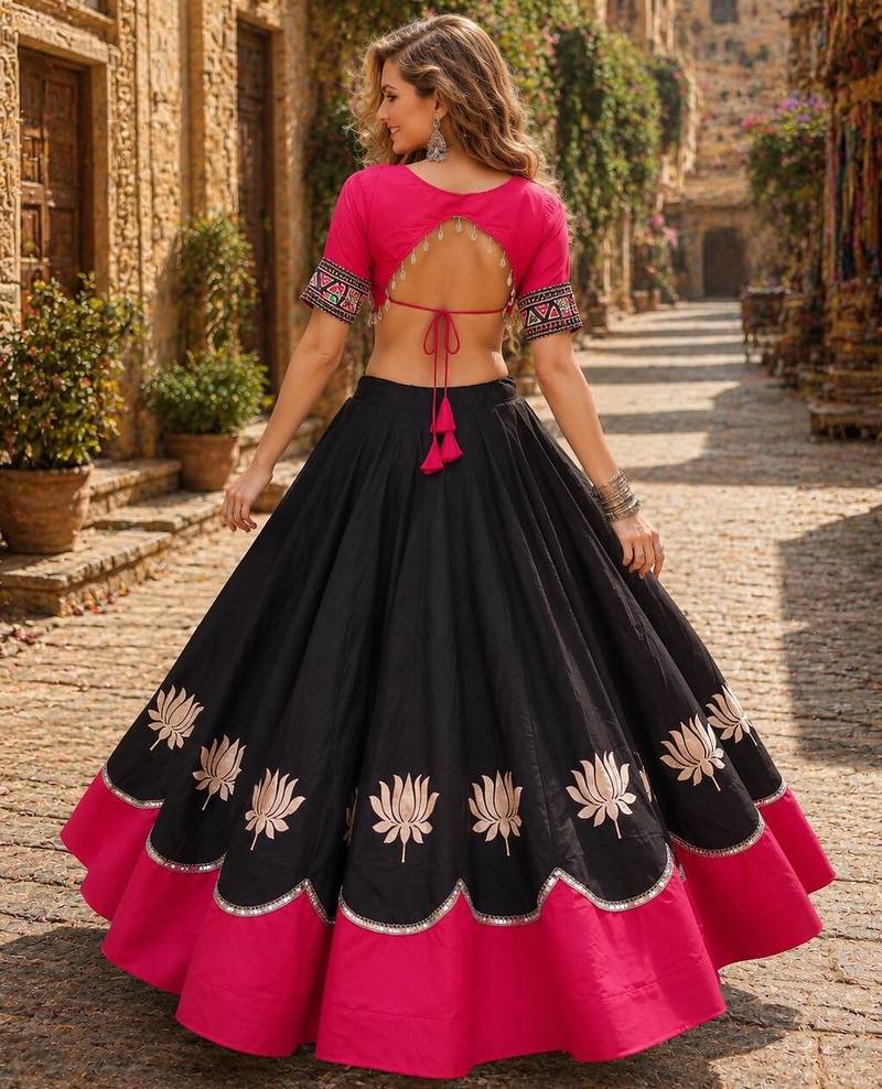 Black-Rani silk blend Free Size Stitched Navratri Lehenga Choli with Kutchi Gamthi Embroidered Work & Codi lace