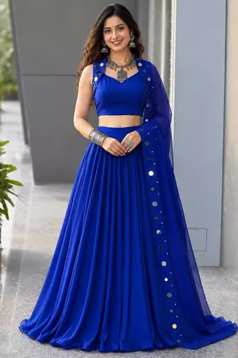 Royal Blue Cotton Chaniya Choli For Navratri Set with Mirror Work and Georgette Dupatta