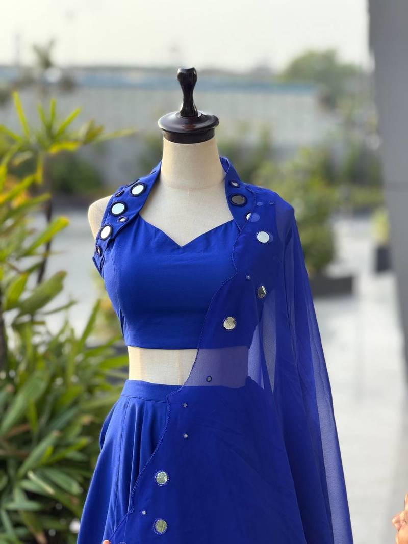Royal Blue Cotton Chaniya Choli For Navratri Set with Mirror Work and Georgette Dupatta