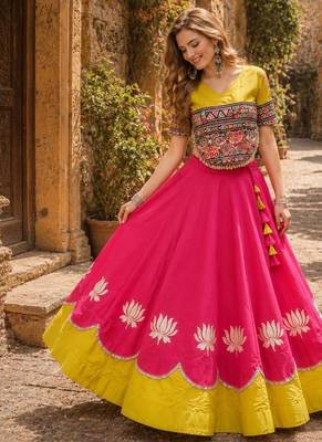 Rani-Yellow silk blend Free Size Stitched Navratri Lehenga Choli with Kutchi Gamthi Embroidered Work & Codi lace 1