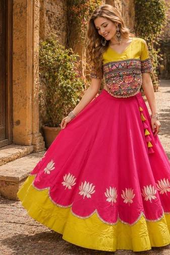Rani-Yellow silk blend Free Size Stitched Navratri Lehenga Choli with Kutchi Gamthi Embroidered Work & Codi lace