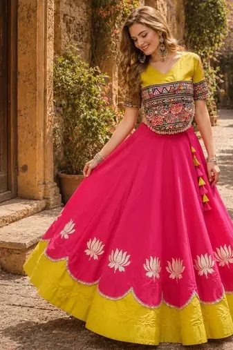 Rani-Yellow silk blend Free Size Stitched Navratri Lehenga Choli with Kutchi Gamthi Embroidered Work & Codi lace