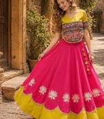Rani-Yellow silk blend Free Size Stitched Navratri Lehenga Choli with Kutchi Gamthi Embroidered Work & Codi lace