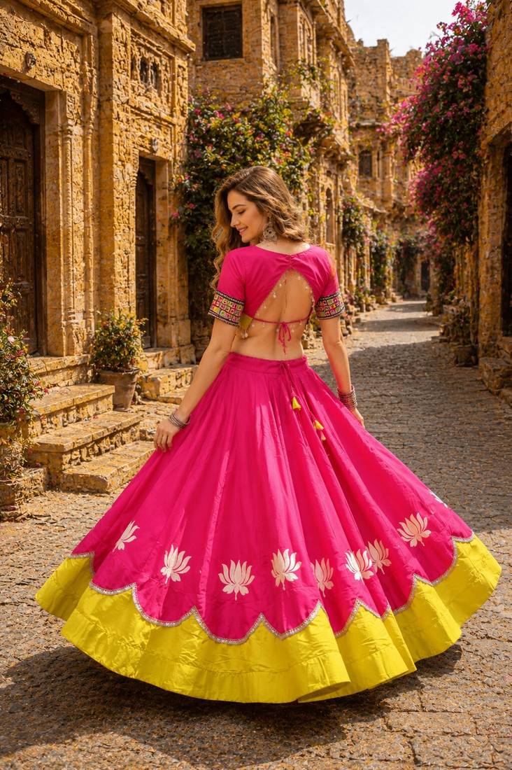 Rani-Yellow silk blend Free Size Stitched Navratri Lehenga Choli with Kutchi Gamthi Embroidered Work & Codi lace