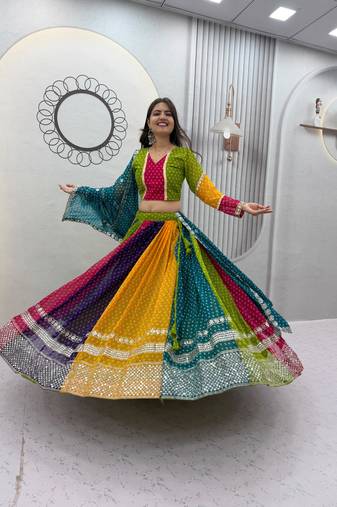 Multicolor Georgette Chaniya Choli For Navratri Set with 7mm Shivansh Work and Georgette Dupatta
