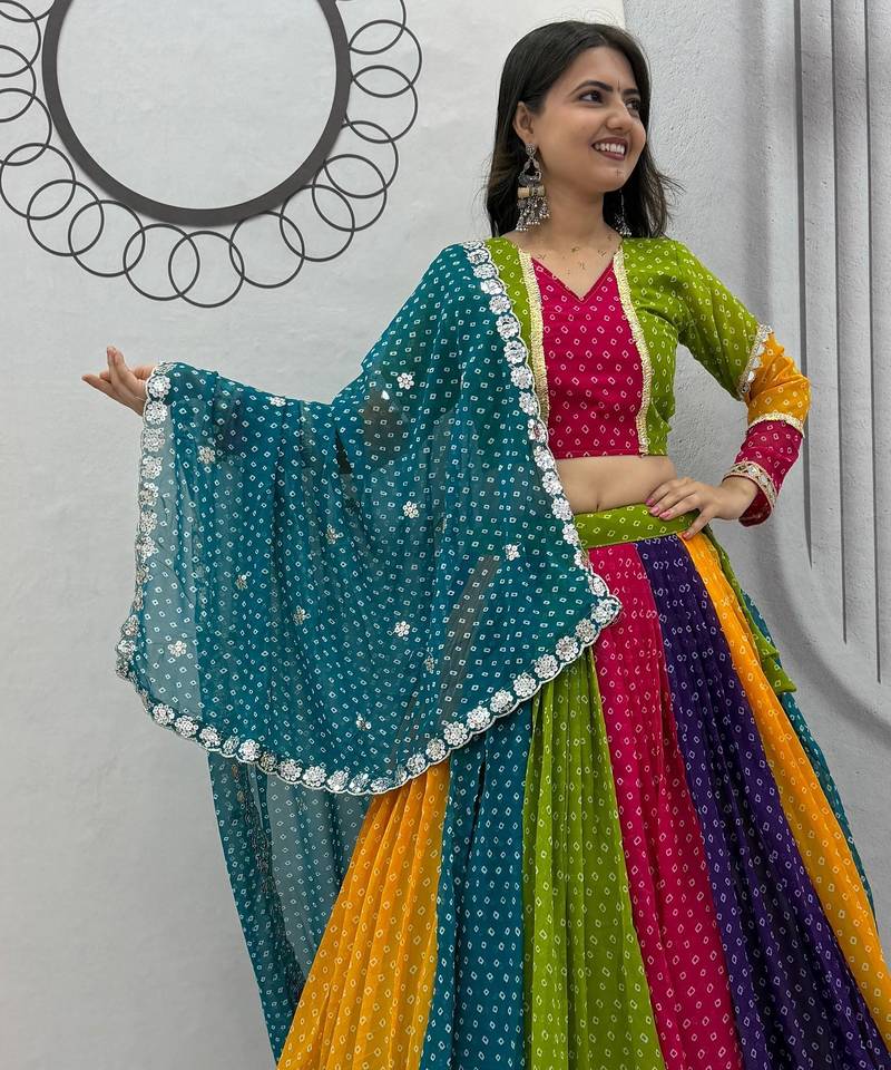 Multicolor Georgette Chaniya Choli For Navratri Set with 7mm Shivansh Work and Georgette Dupatta