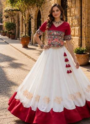 White-Red silk blend Free Size Stitched Navratri Lehenga Choli with Kutchi Gamthi Embroidered Work & Codi lace 1