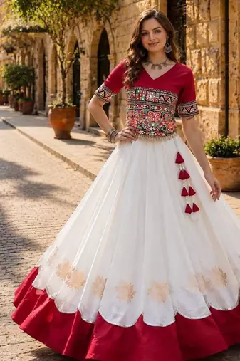 White-Red silk blend Free Size Stitched Navratri Lehenga Choli with Kutchi Gamthi Embroidered Work & Codi lace