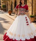 White-Red silk blend Free Size Stitched Navratri Lehenga Choli with Kutchi Gamthi Embroidered Work & Codi lace