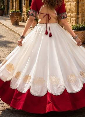 White-Red silk blend Free Size Stitched Navratri Lehenga Choli with Kutchi Gamthi Embroidered Work & Codi lace 2