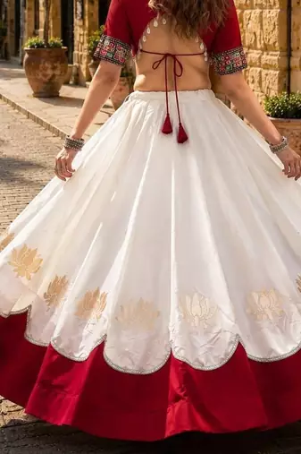 White-Red silk blend Free Size Stitched Navratri Lehenga Choli with Kutchi Gamthi Embroidered Work & Codi lace
