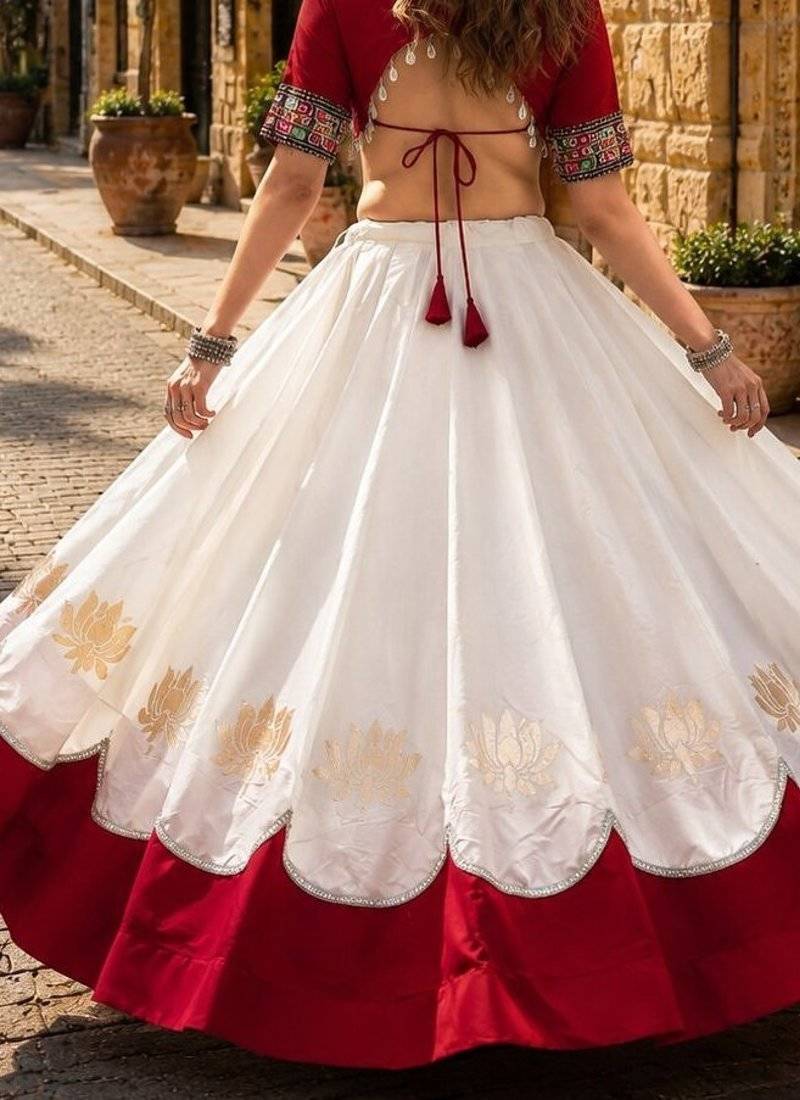 White-Red silk blend Free Size Stitched Navratri Lehenga Choli with Kutchi Gamthi Embroidered Work & Codi lace