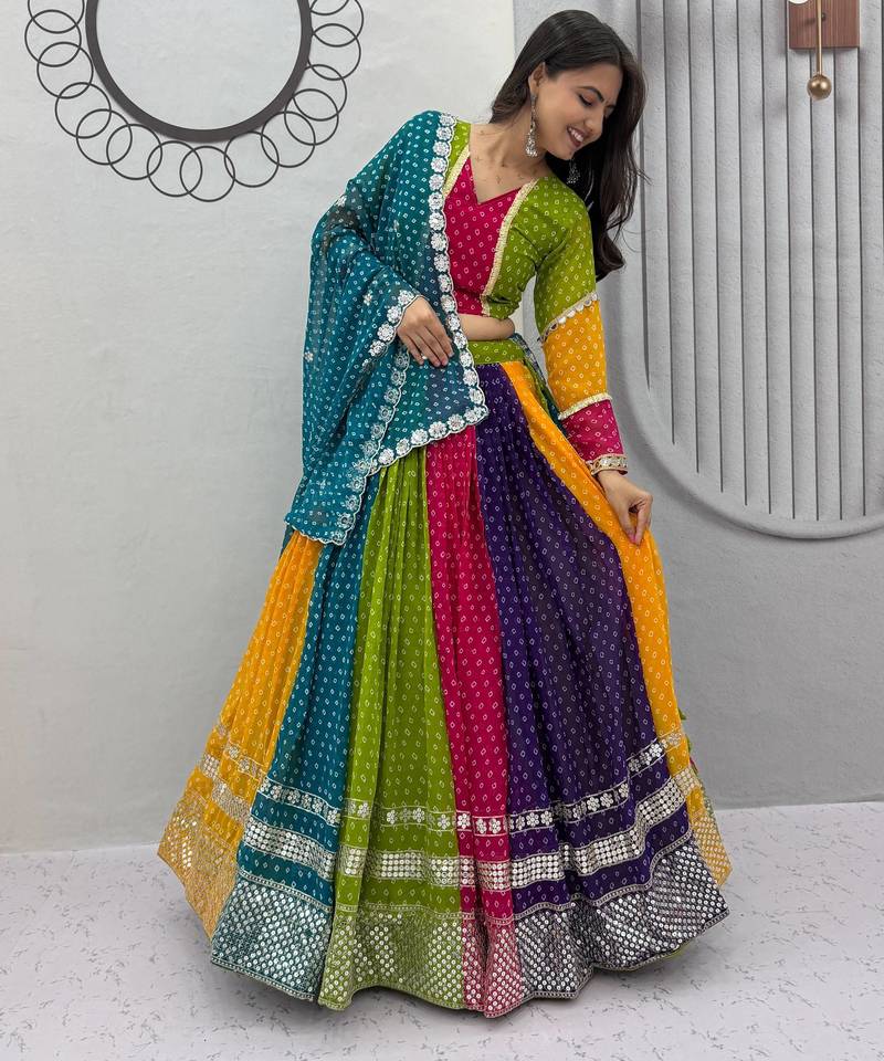 Multicolor Georgette Chaniya Choli For Navratri Set with 7mm Shivansh Work and Georgette Dupatta