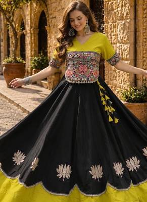Black-Yellow silk blend Free Size Stitched Navratri Lehenga Choli with Kutchi Gamthi Embroidered Work & Codi lace 1