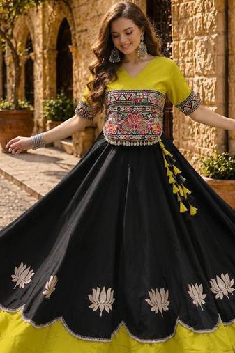 Black-Yellow silk blend Free Size Stitched Navratri Lehenga Choli with Kutchi Gamthi Embroidered Work & Codi lace