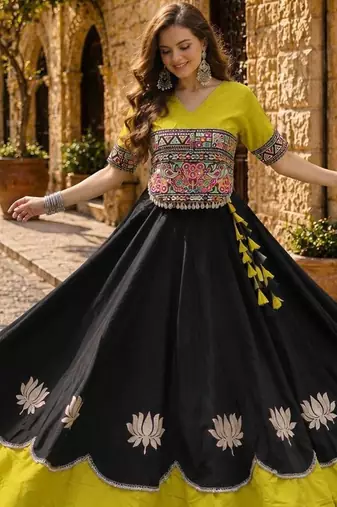 Black-Yellow silk blend Free Size Stitched Navratri Lehenga Choli with Kutchi Gamthi Embroidered Work & Codi lace